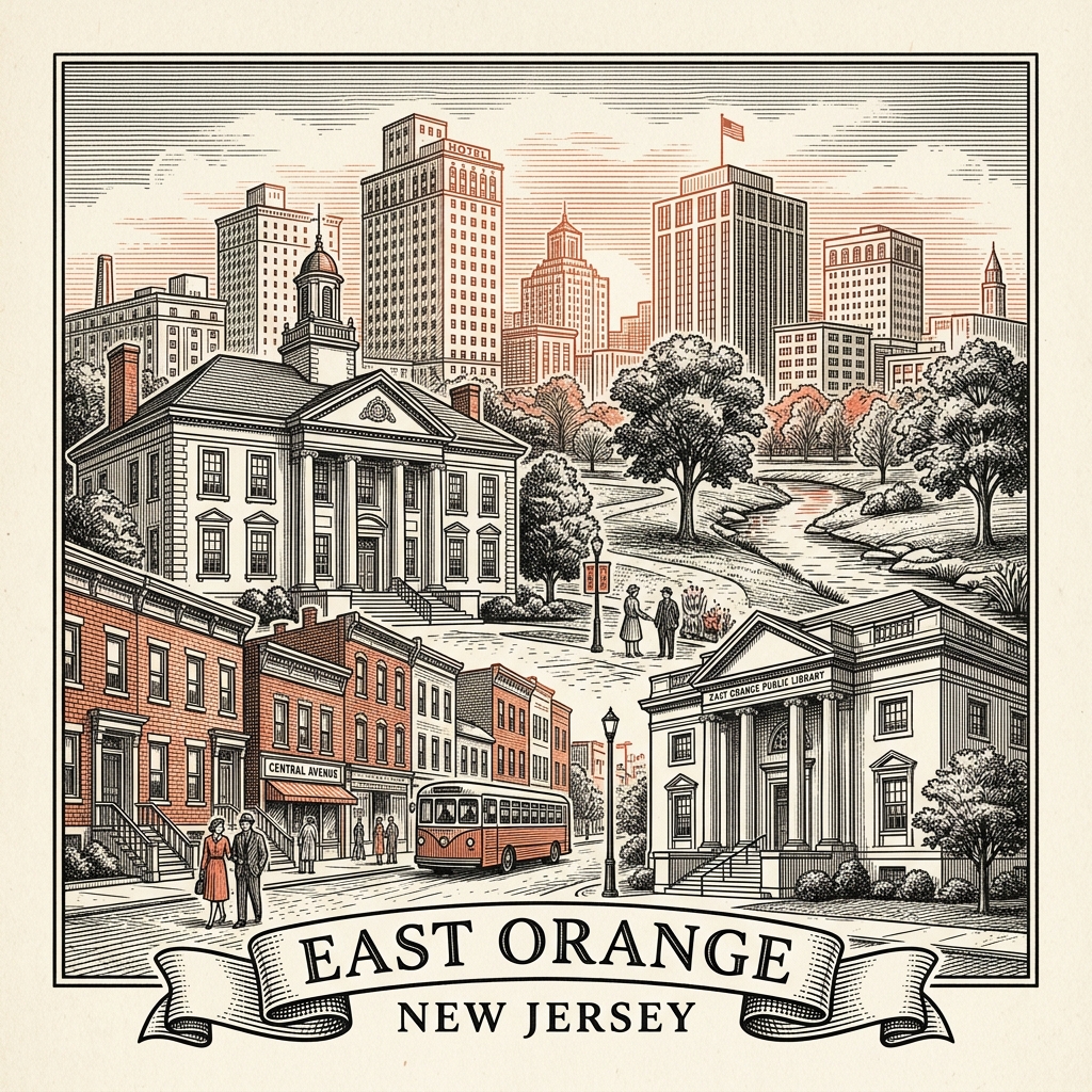 Engraved East Orange NJ city illustration – Official Translations certified translation services from $29.95 per page