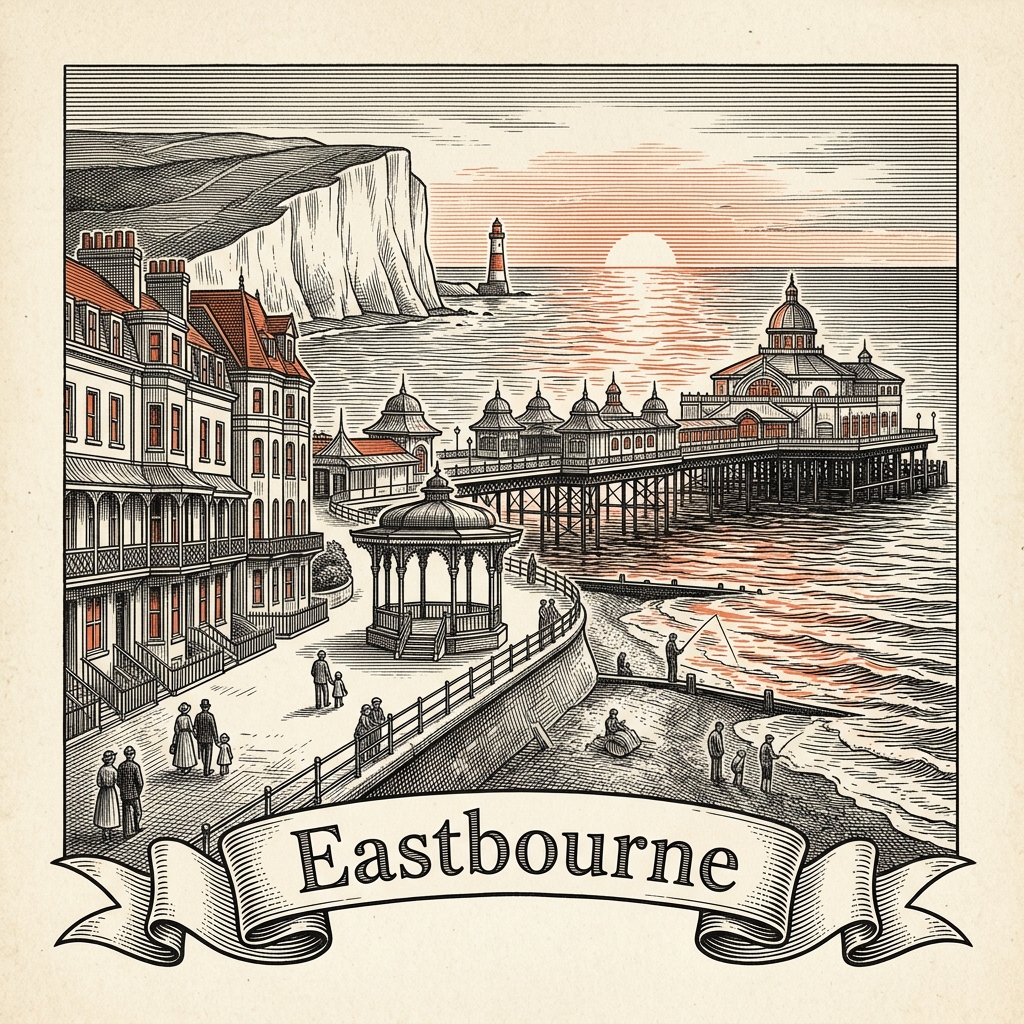 Engraved Eastbourne England city illustration – Eastbourne Pier, Beachy Head lighthouse, Wish Tower, Bandstand, Devonshire Park tennis centre – Official Translations certified translation services from £29.95 per page