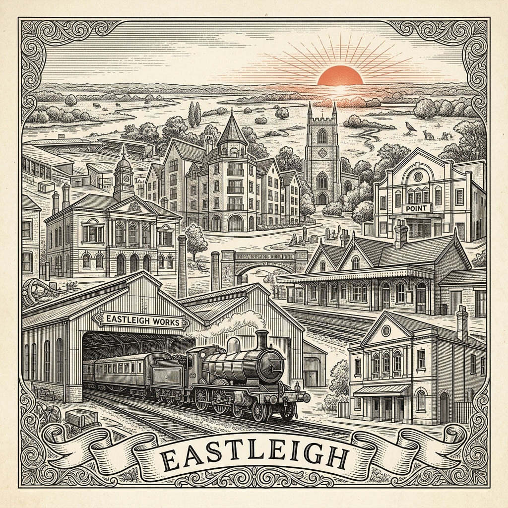 Engraved Eastleigh England city illustration – Eastleigh Lakeside Steam Railway, The Point dance and arts centre, St Mary's Church Eastleigh, Lakeside Country Park, Itchen Valley Country Park – Official Translations certified translation services from £29.95 per page