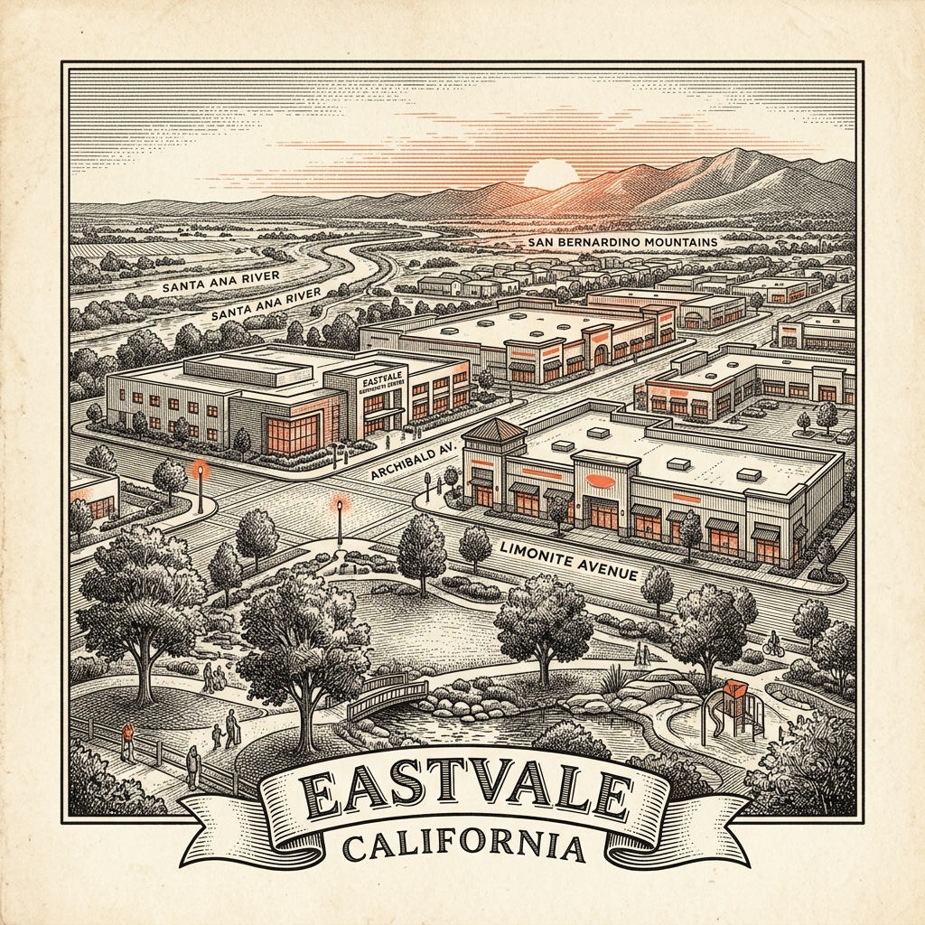 Engraved Eastvale CA city illustration – Official Translations certified translation services from $29.95 per page