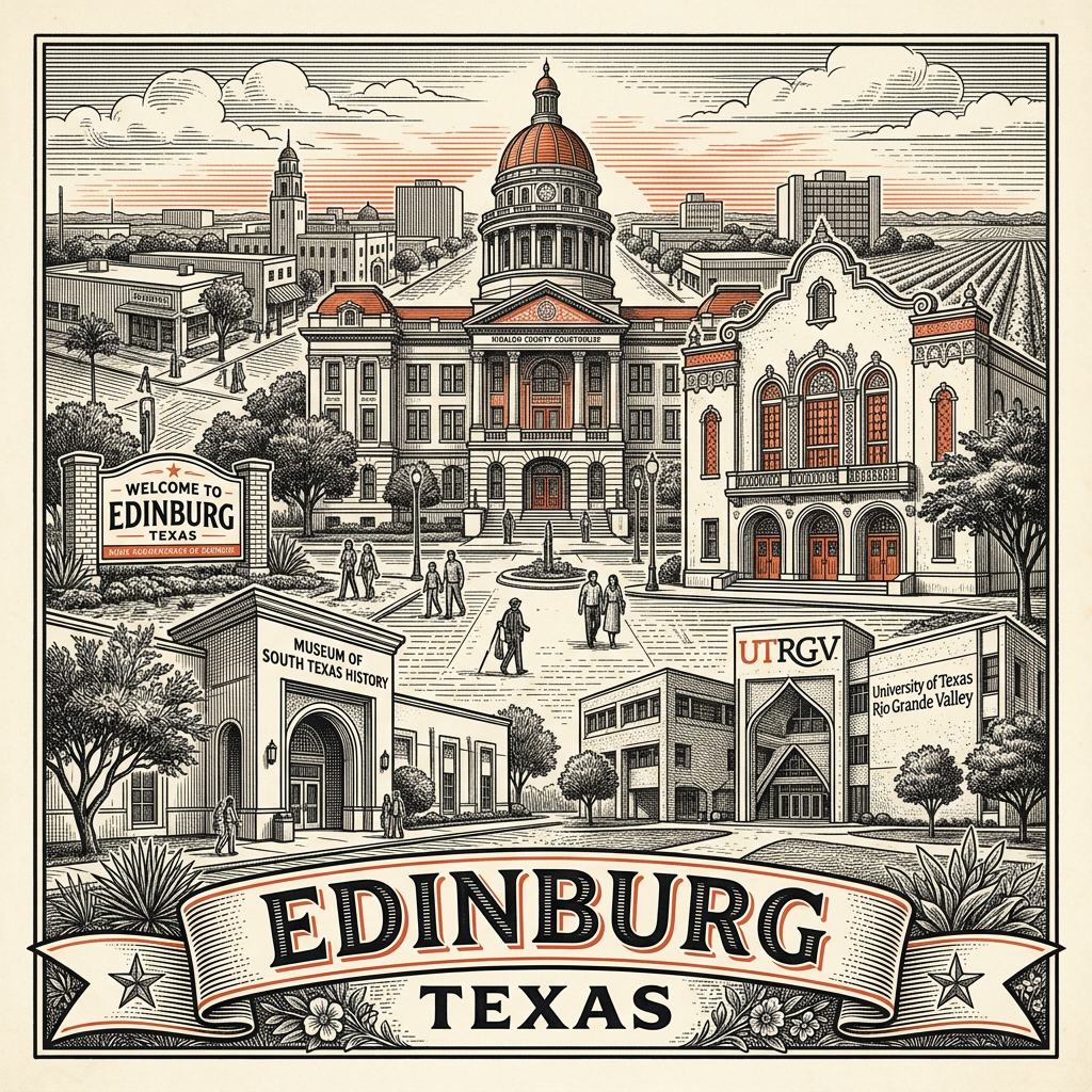 Engraved Edinburg TX city illustration – Official Translations certified translation services from $29.95 per page