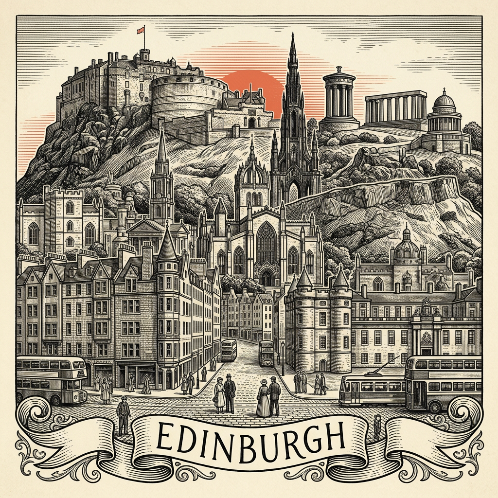 Engraved Edinburgh Scotland city illustration – Edinburgh Castle, Arthur's Seat, Scott Monument, Royal Mile with St Giles' Cathedral, Forth Bridges – Official Translations certified translation services from £29.95 per page