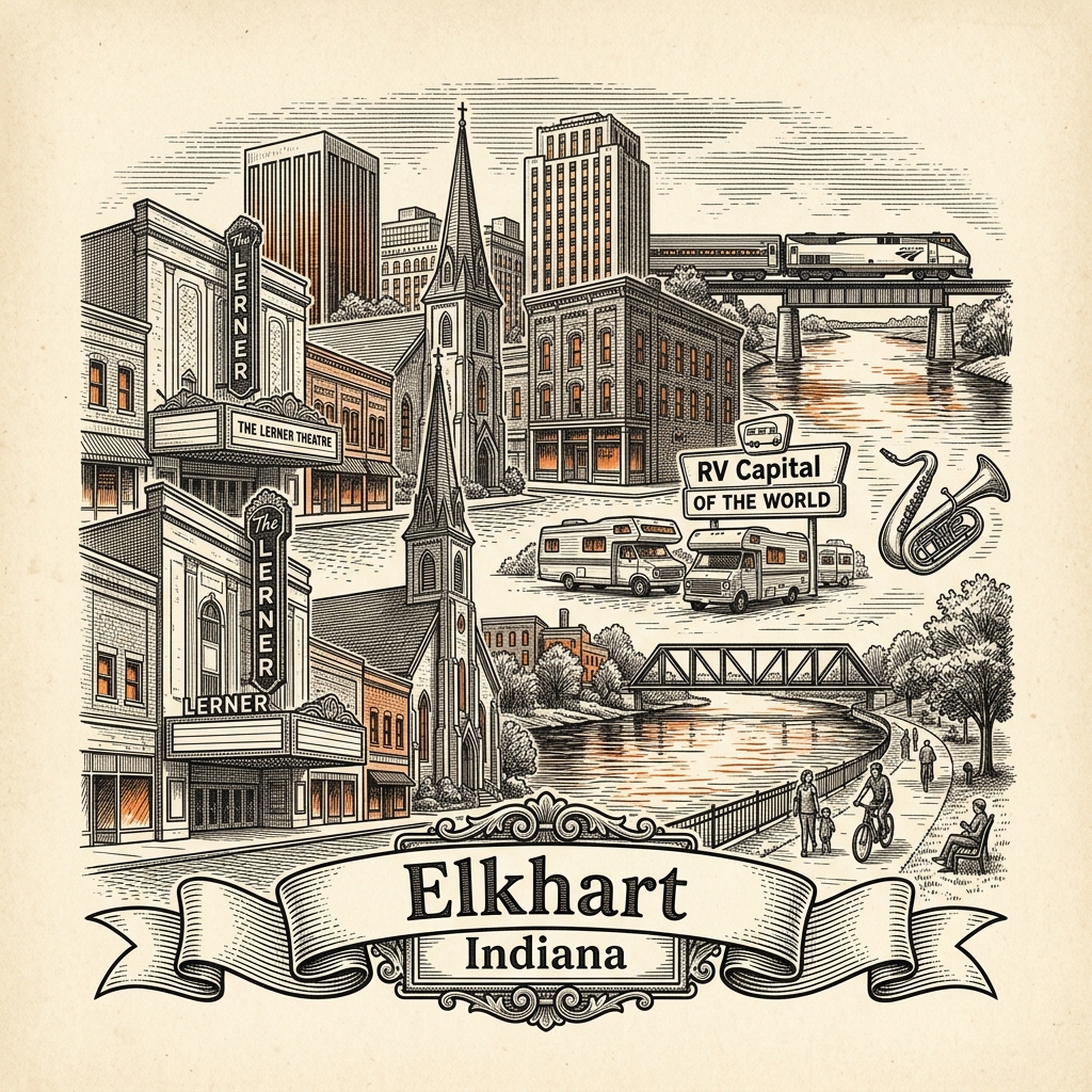 Engraved Elkhart IN city illustration – Official Translations certified translation services from $29.95 per page