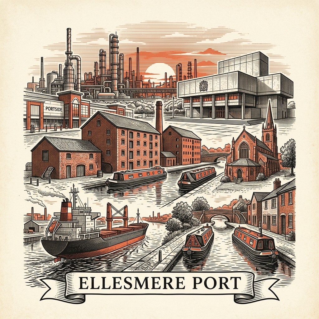 Engraved Ellesmere Port England city illustration – National Waterways Museum at the Shropshire Union Canal basin, Cheshire Oaks Designer Outlet, Blue Planet Aquarium, Vauxhall (Stellantis) car plant gates, the Ellesmere Port Ship Canal locks – Official Translations certified translation services from £29.95 per page