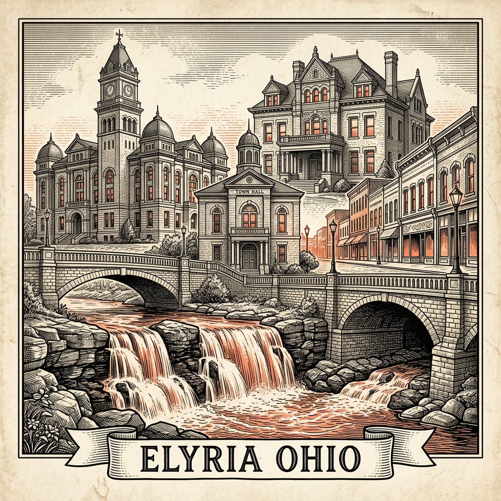 Engraved Elyria OH city illustration – Official Translations certified translation services from $29.95 per page