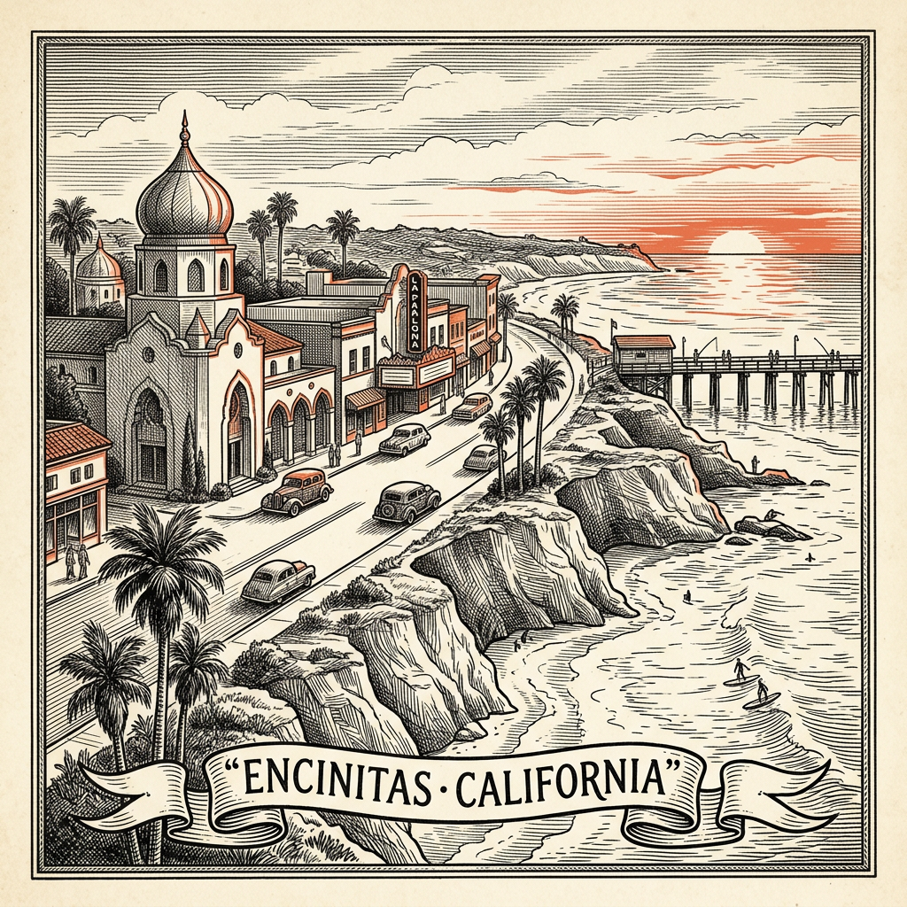 Engraved Encinitas CA city illustration – Official Translations certified translation services from $29.95 per page
