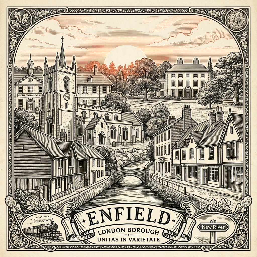 Engraved Enfield England city illustration – Forty Hall manor, Enfield Town Market clock, Trent Park mansion, Lea Valley Stadium, Enfield Town railway station – Official Translations certified translation services from £29.95 per page