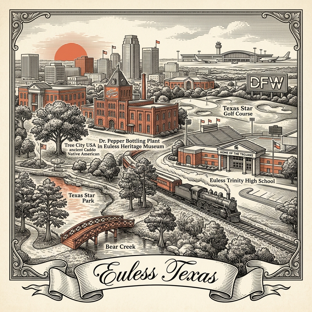 Engraved Euless TX city illustration – Official Translations certified translation services from $29.95 per page