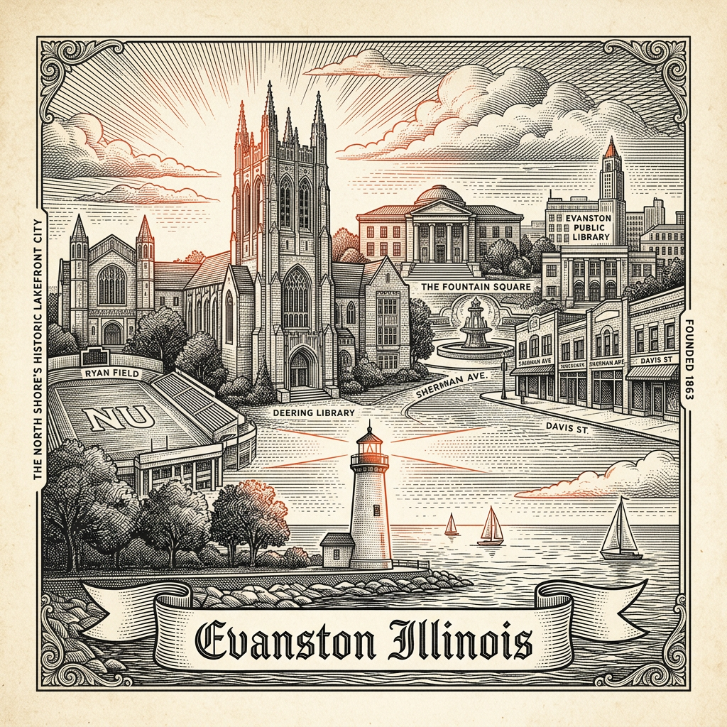 Engraved Evanston IL city illustration – Official Translations certified translation services from $29.95 per page