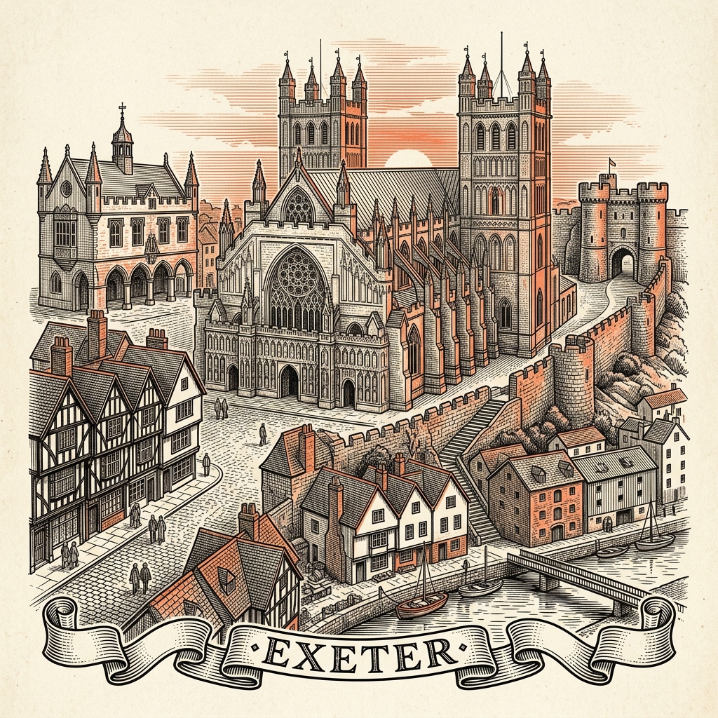 Engraved Exeter England city illustration – Exeter Cathedral, Royal Albert Memorial Museum clock, Exeter Quayside, Rougemont Castle gateway, Iron Bridge – Official Translations certified translation services from £29.95 per page