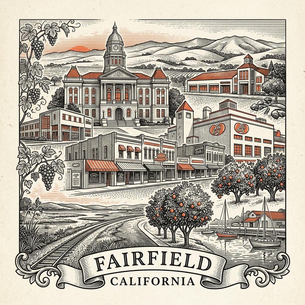 Engraved Fairfield CA city illustration – Official Translations certified translation services from $29.95 per page