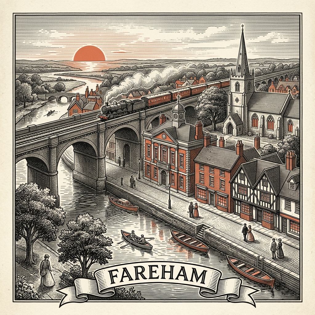 Engraved Fareham England city illustration – Fareham Creek, Holy Trinity Church, Westbury Manor Museum, Fort Fareham, Titchfield Abbey – Official Translations certified translation services from £29.95 per page