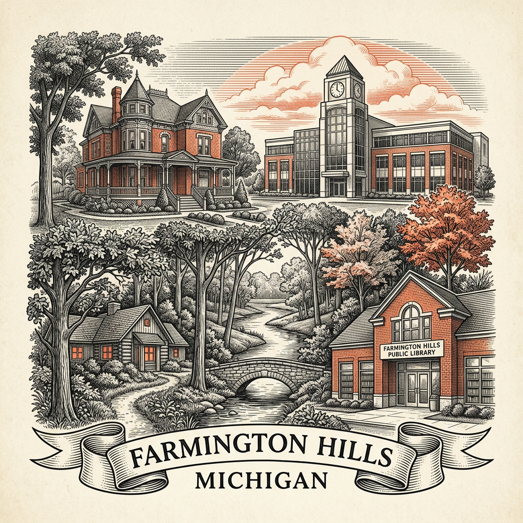 Engraved Farmington Hills MI city illustration – Official Translations certified translation services from $29.95 per page