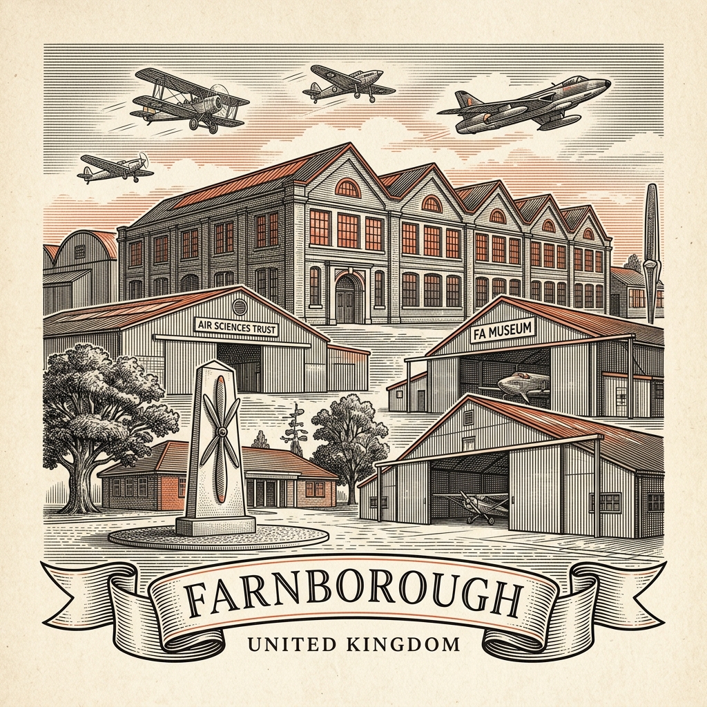 Engraved Farnborough England city illustration – Farnborough International Airshow runway, St Michael's Abbey (Imperial mausoleum of Napoleon III), Farnborough Air Sciences Trust museum, the Black Sheds, FAST Cody Pavilion – Official Translations certified translation services from £29.95 per page