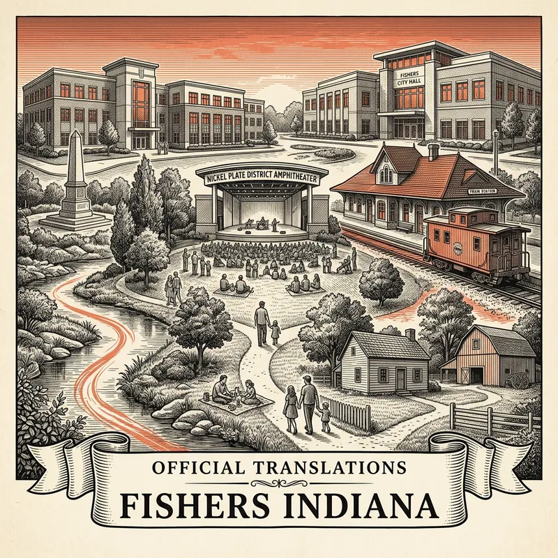 Engraved Fishers IN city illustration – Official Translations certified translation services from $29.95 per page