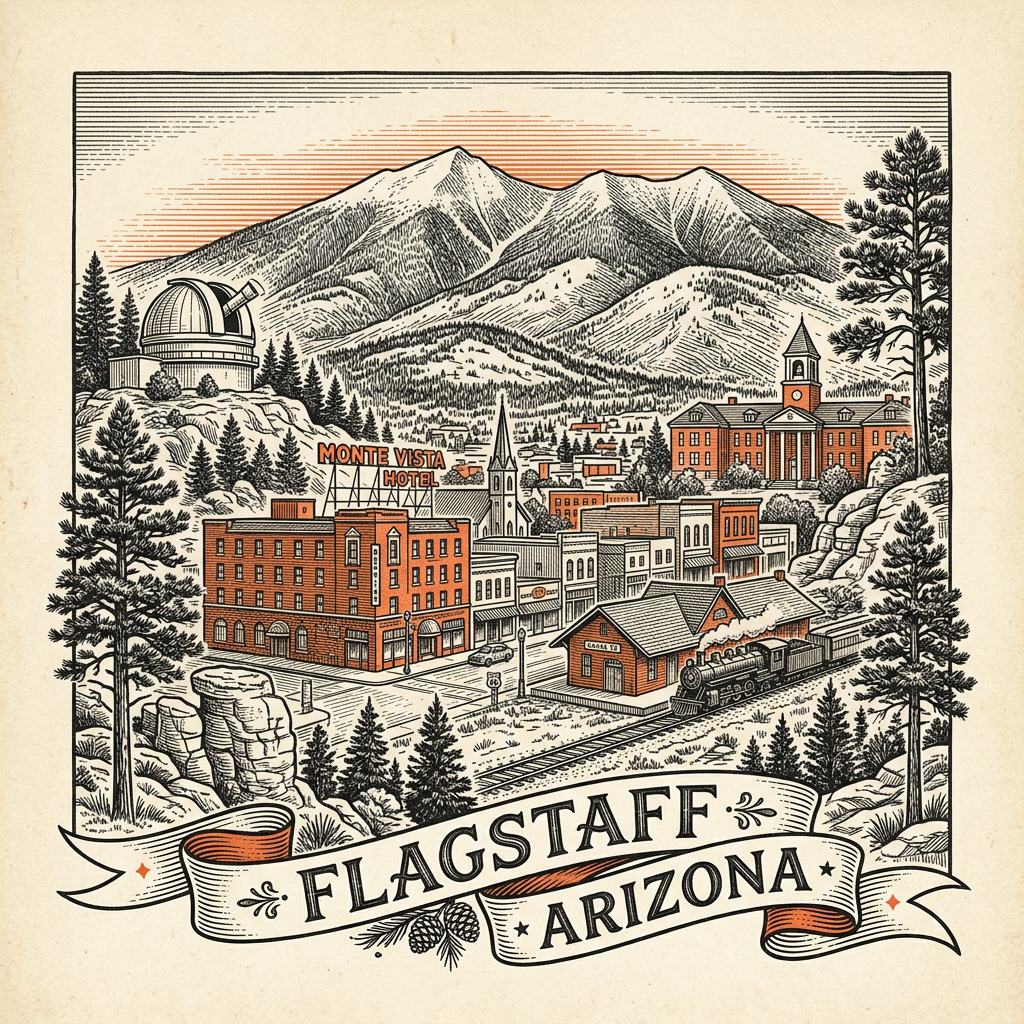 Engraved Flagstaff AZ city illustration – Official Translations certified translation services from $29.95 per page