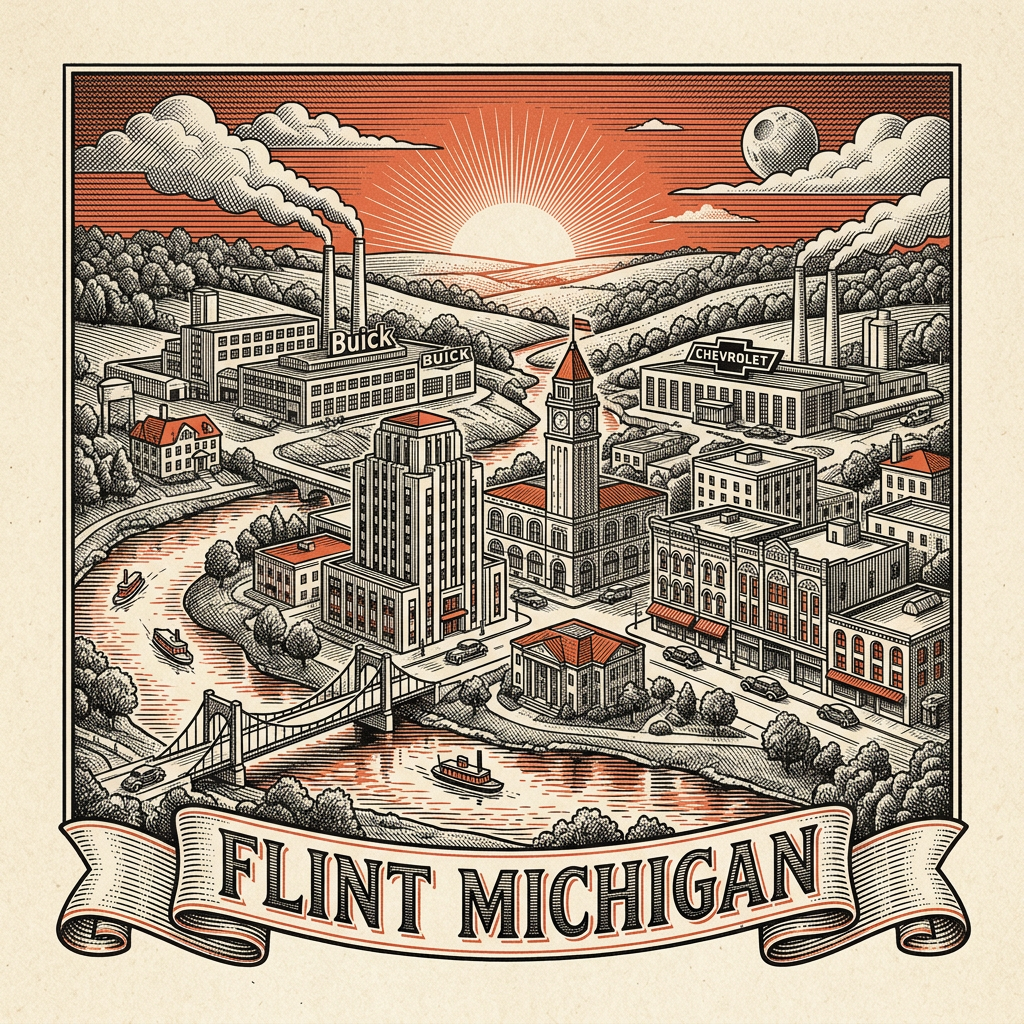 Engraved Flint MI city illustration – Official Translations certified translation services from $29.95 per page
