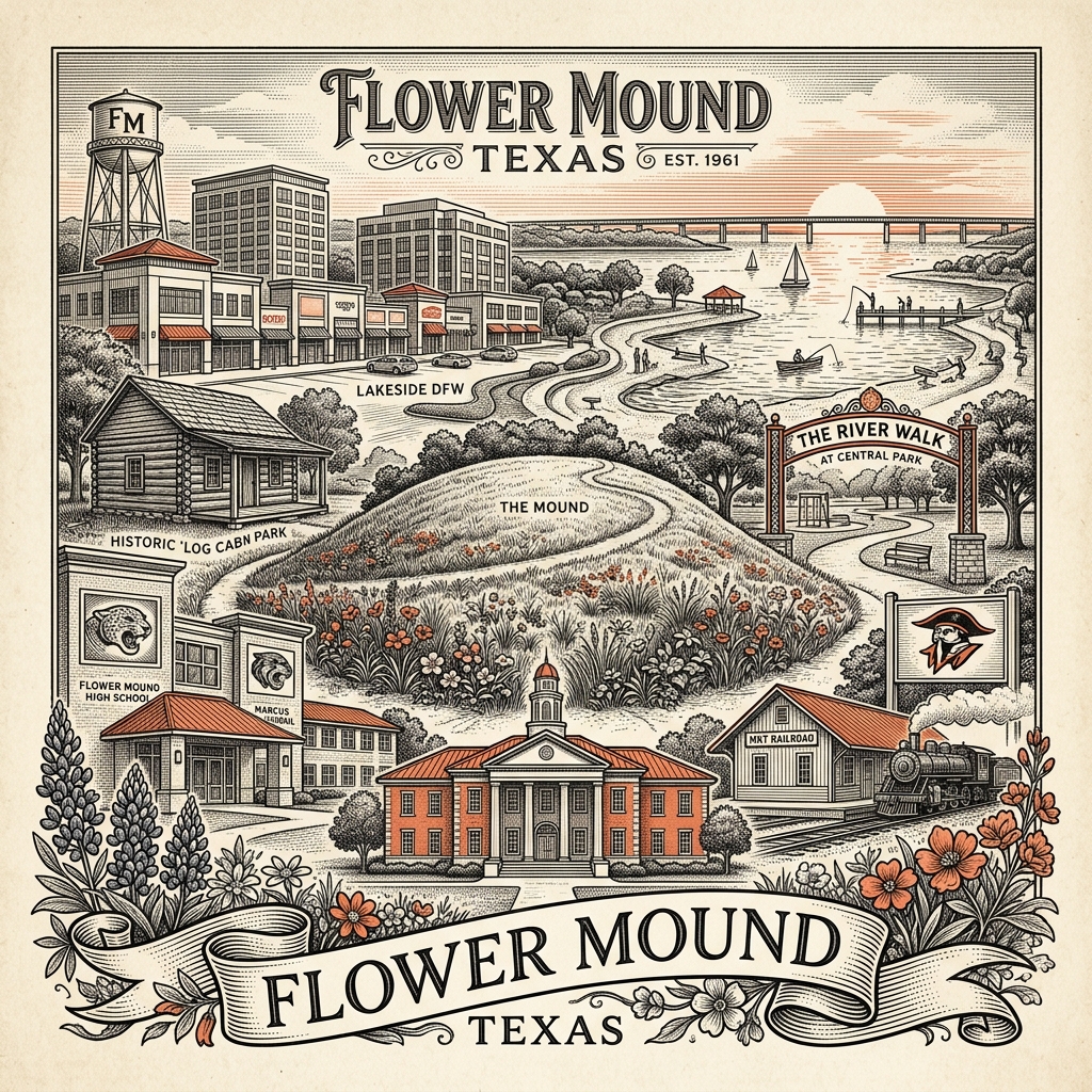 Engraved Flower Mound TX city illustration – Official Translations certified translation services from $29.95 per page