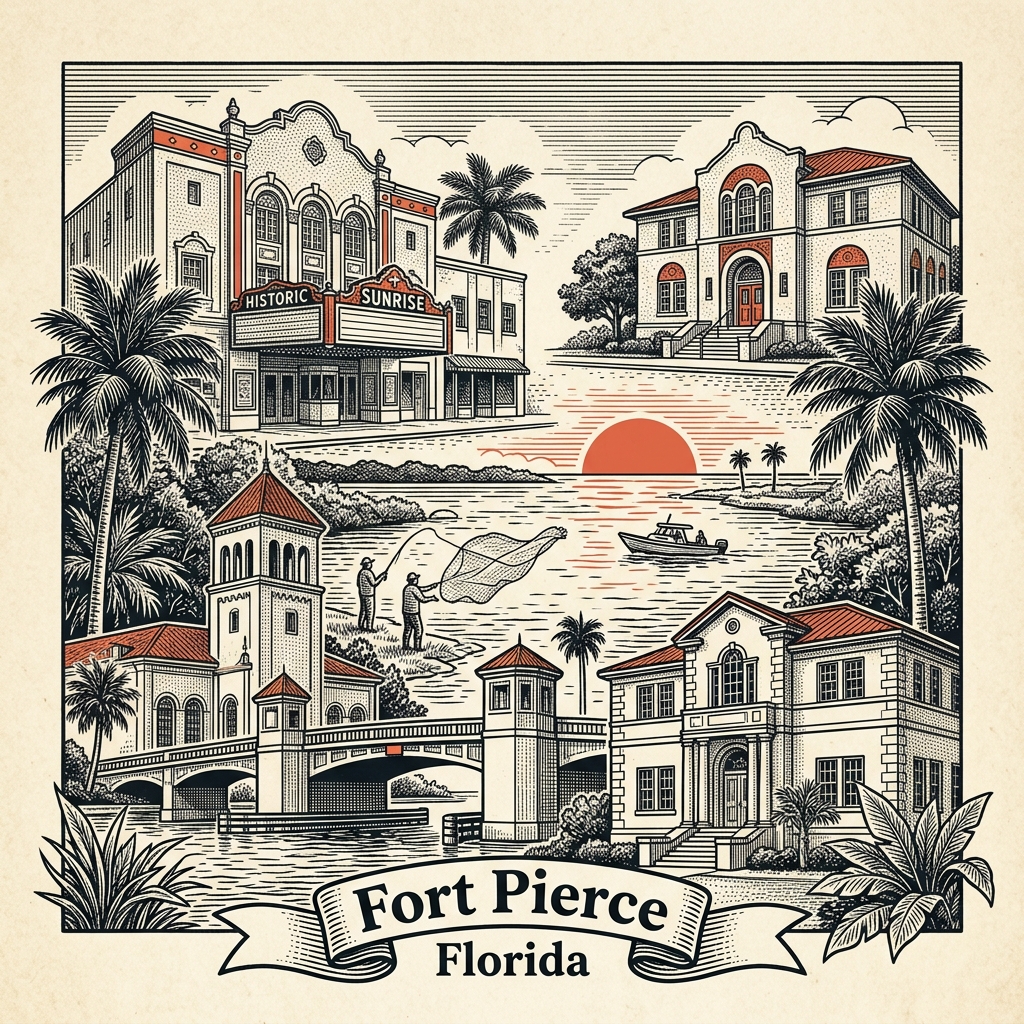 Engraved Fort Pierce FL city illustration – Official Translations certified translation services from $29.95 per page