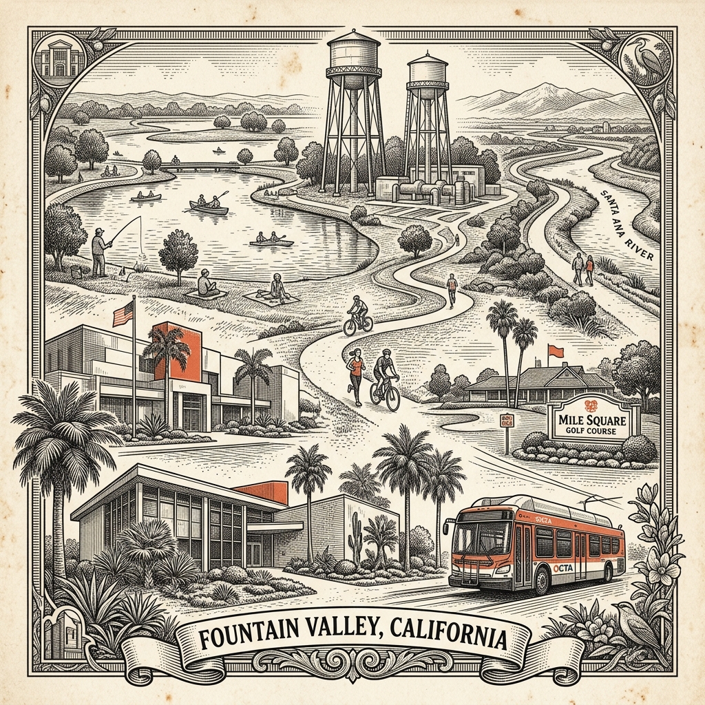 Engraved Fountain Valley CA city illustration – Official Translations certified translation services from $29.95 per page