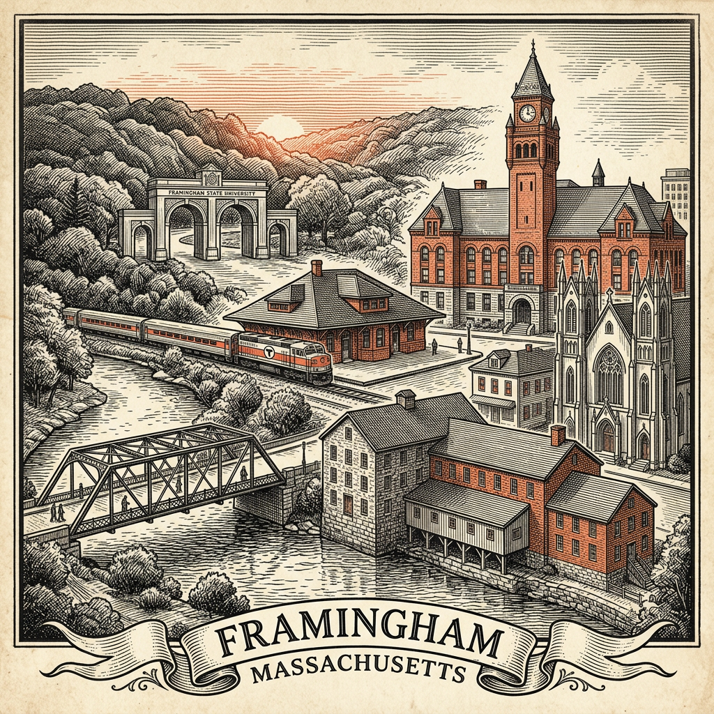 Engraved Framingham MA city illustration – Official Translations certified translation services from $29.95 per page