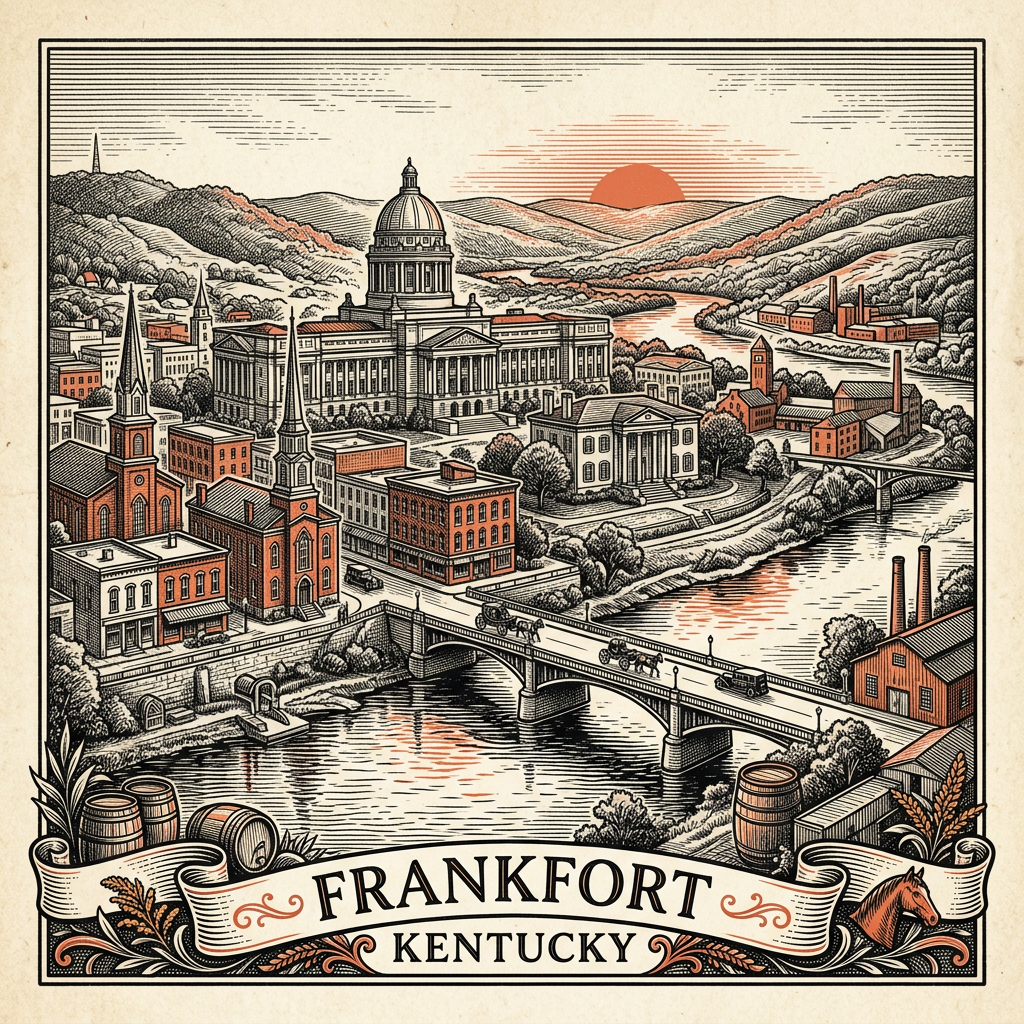 Engraved Frankfort KY city illustration – Official Translations certified translation services from $29.95 per page