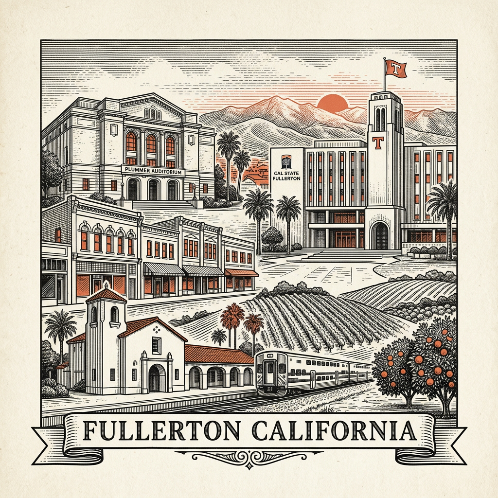 Engraved Fullerton CA city illustration – Official Translations certified translation services from $29.95 per page