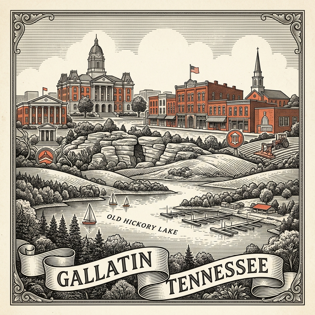 Engraved Gallatin TN city illustration – Official Translations certified translation services from $29.95 per page