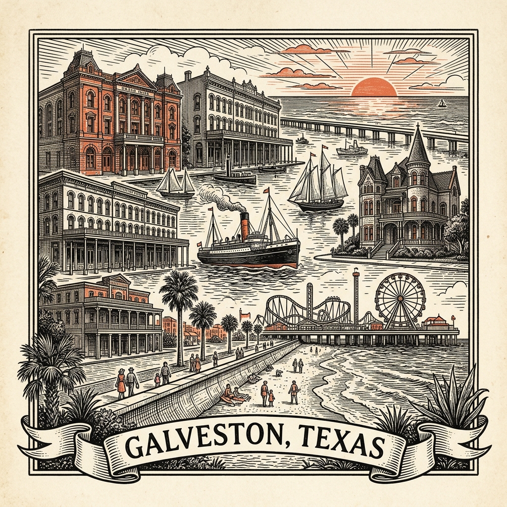 Engraved Galveston TX city illustration – Official Translations certified translation services from $29.95 per page
