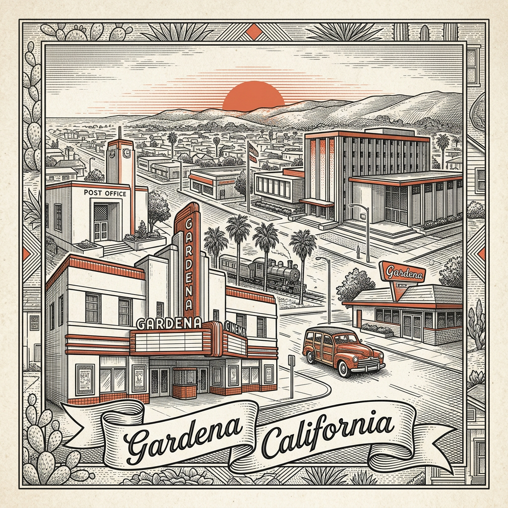 Engraved Gardena CA city illustration – Official Translations certified translation services from $29.95 per page