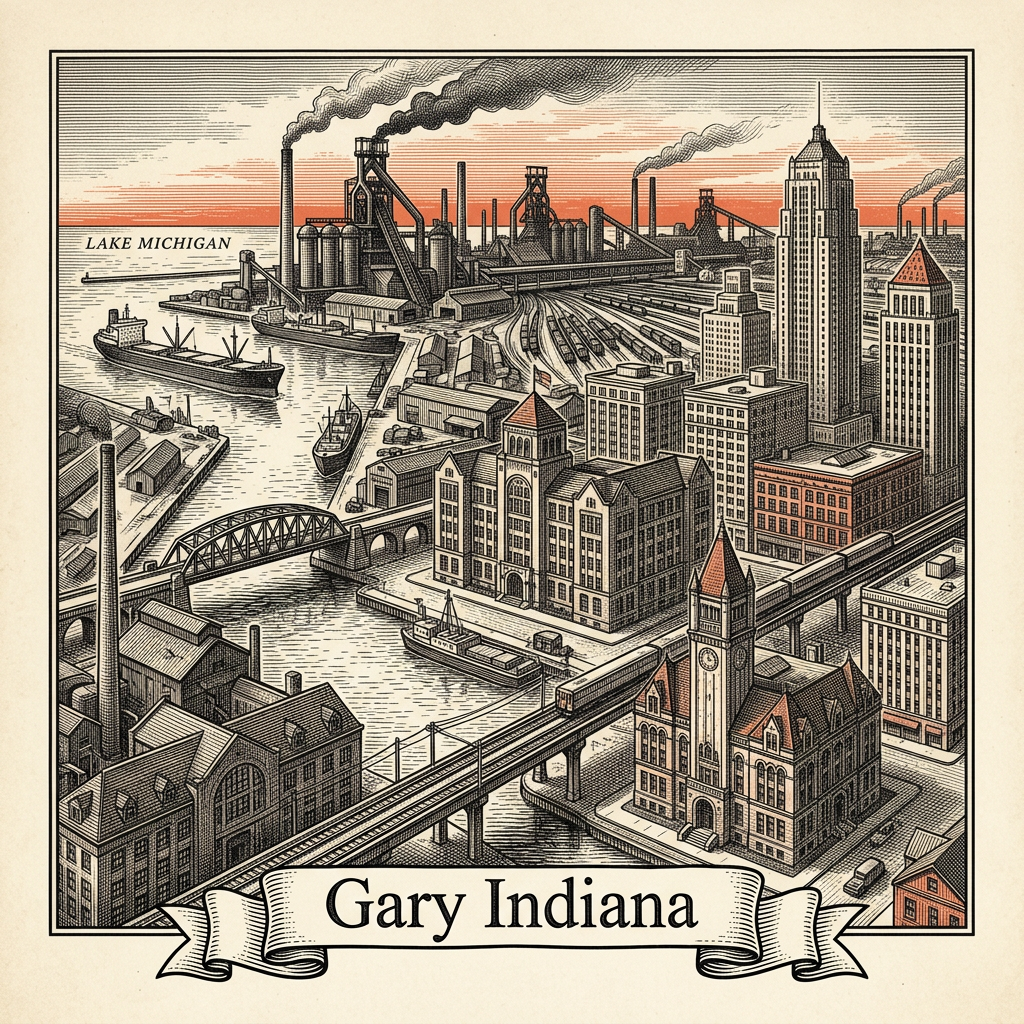 Engraved Gary IN city illustration – Official Translations certified translation services from $29.95 per page