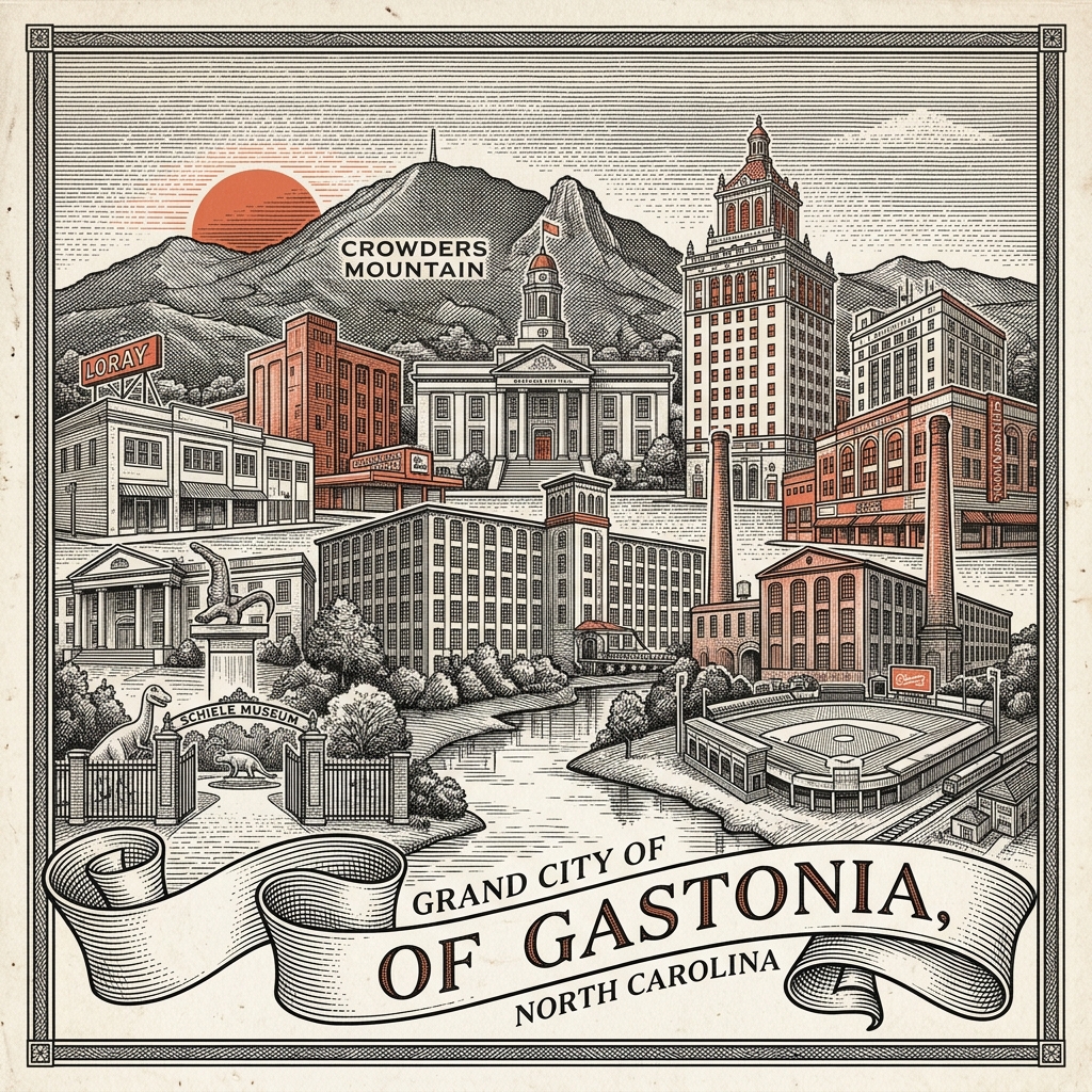Engraved Gastonia NC city illustration – Official Translations certified translation services from $29.95 per page