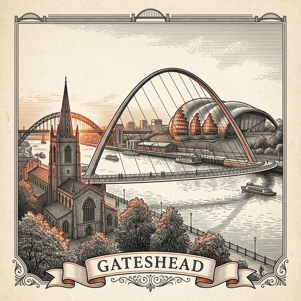 Engraved Gateshead England city illustration – Gateshead Millennium Bridge, Sage Gateshead, Angel of the North, BALTIC Centre for Contemporary Art, Tyne Bridge view – Official Translations certified translation services from £29.95 per page
