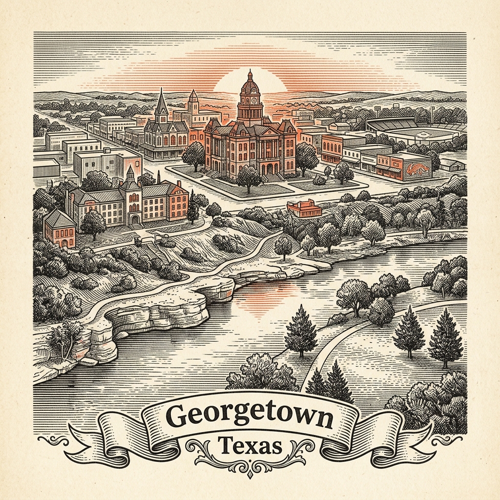Engraved Georgetown TX city illustration – Official Translations certified translation services from $29.95 per page