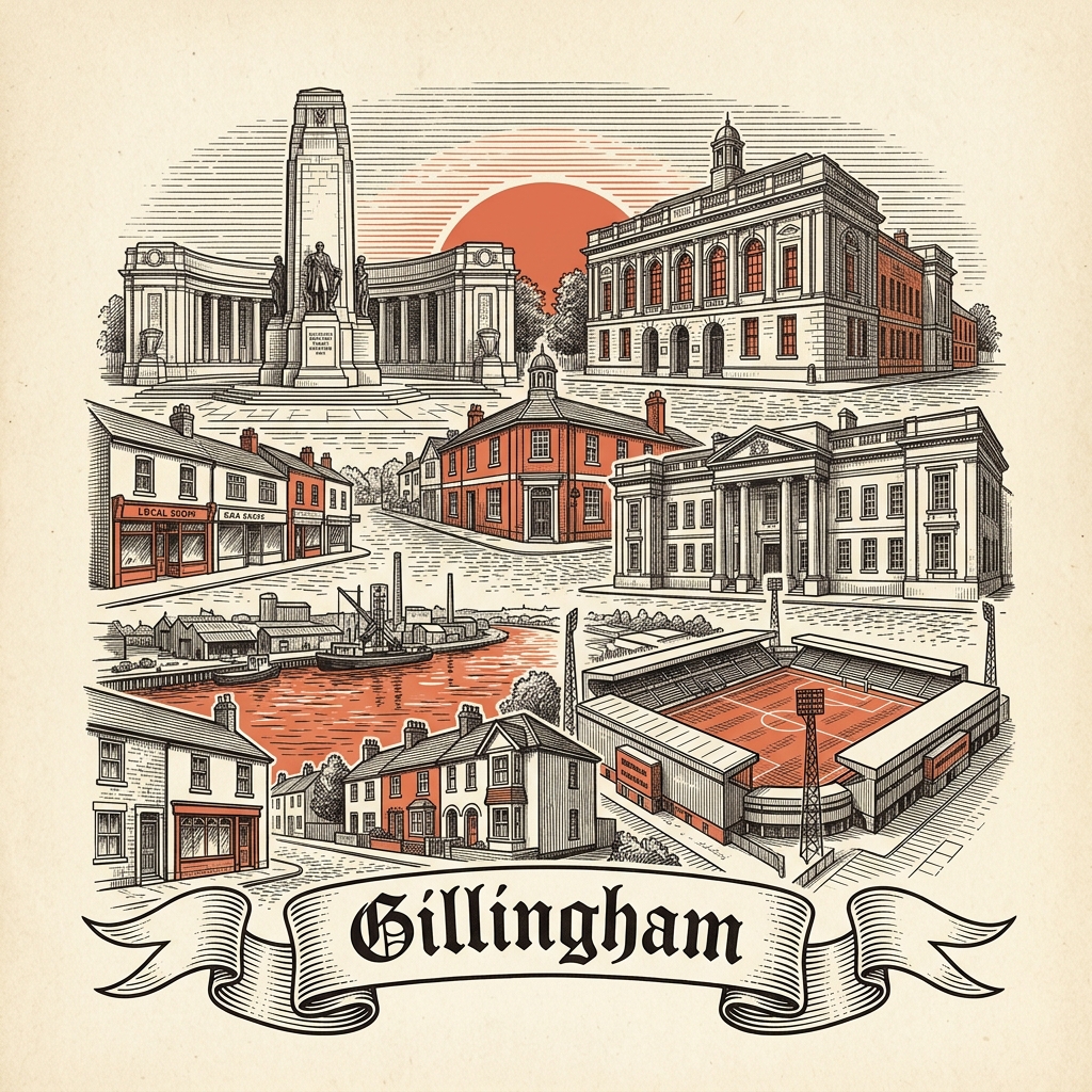 Engraved Gillingham England city illustration – Gillingham Pier, Royal Engineers Museum, Will Adams Memorial, Priestfield Stadium, Great Lines Heritage Park – Official Translations certified translation services from £29.95 per page