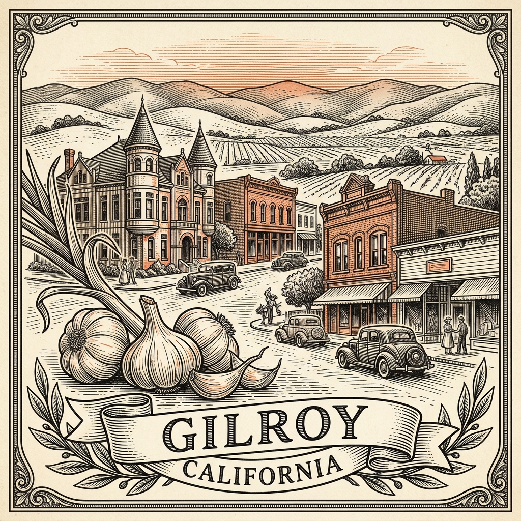 Engraved Gilroy CA city illustration – Official Translations certified translation services from $29.95 per page