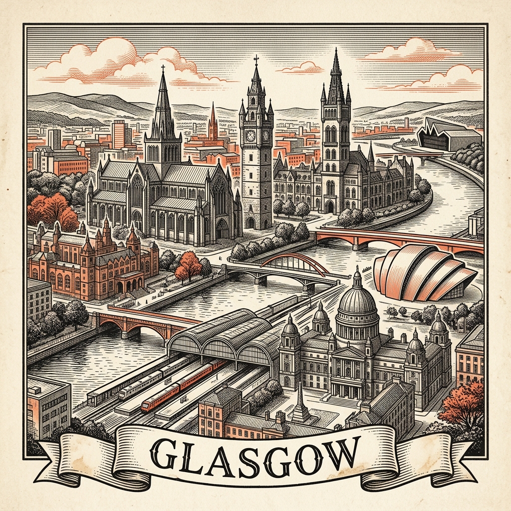 Engraved Glasgow Scotland city illustration – Glasgow Cathedral, Riverside Museum, Kelvingrove Art Gallery, SSE Hydro arena, George Square statues – Official Translations certified translation services from £29.95 per page