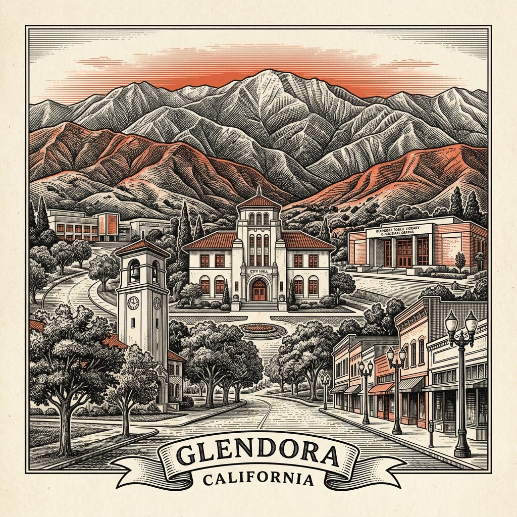 Engraved Glendora CA city illustration – Official Translations certified translation services from $29.95 per page