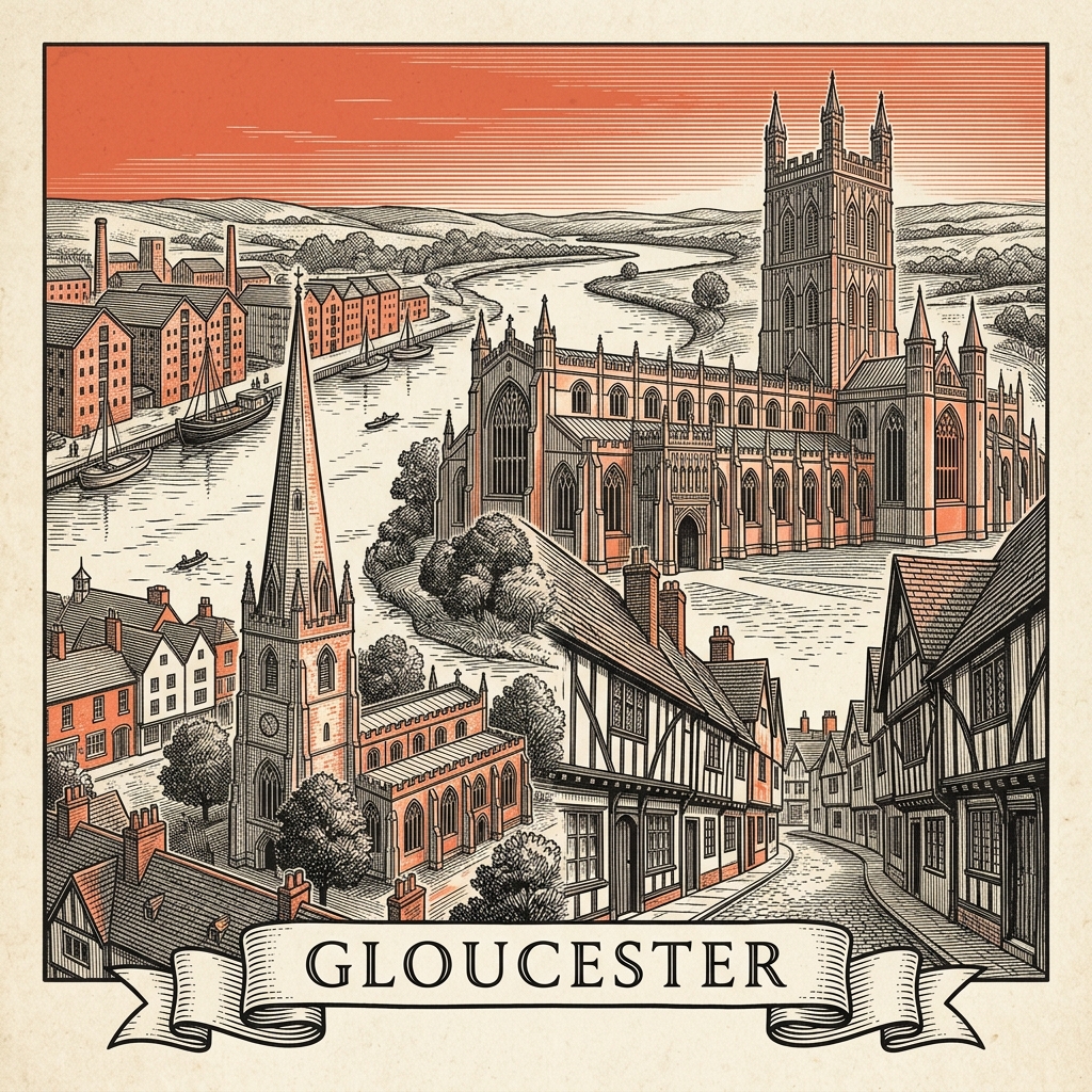 Engraved Gloucester England city illustration – Gloucester Cathedral, Gloucester Docks warehouses, Llanthony Secunda Priory, Robinswood Hill, Tall Ship Excelsior on the quay – Official Translations certified translation services from £29.95 per page