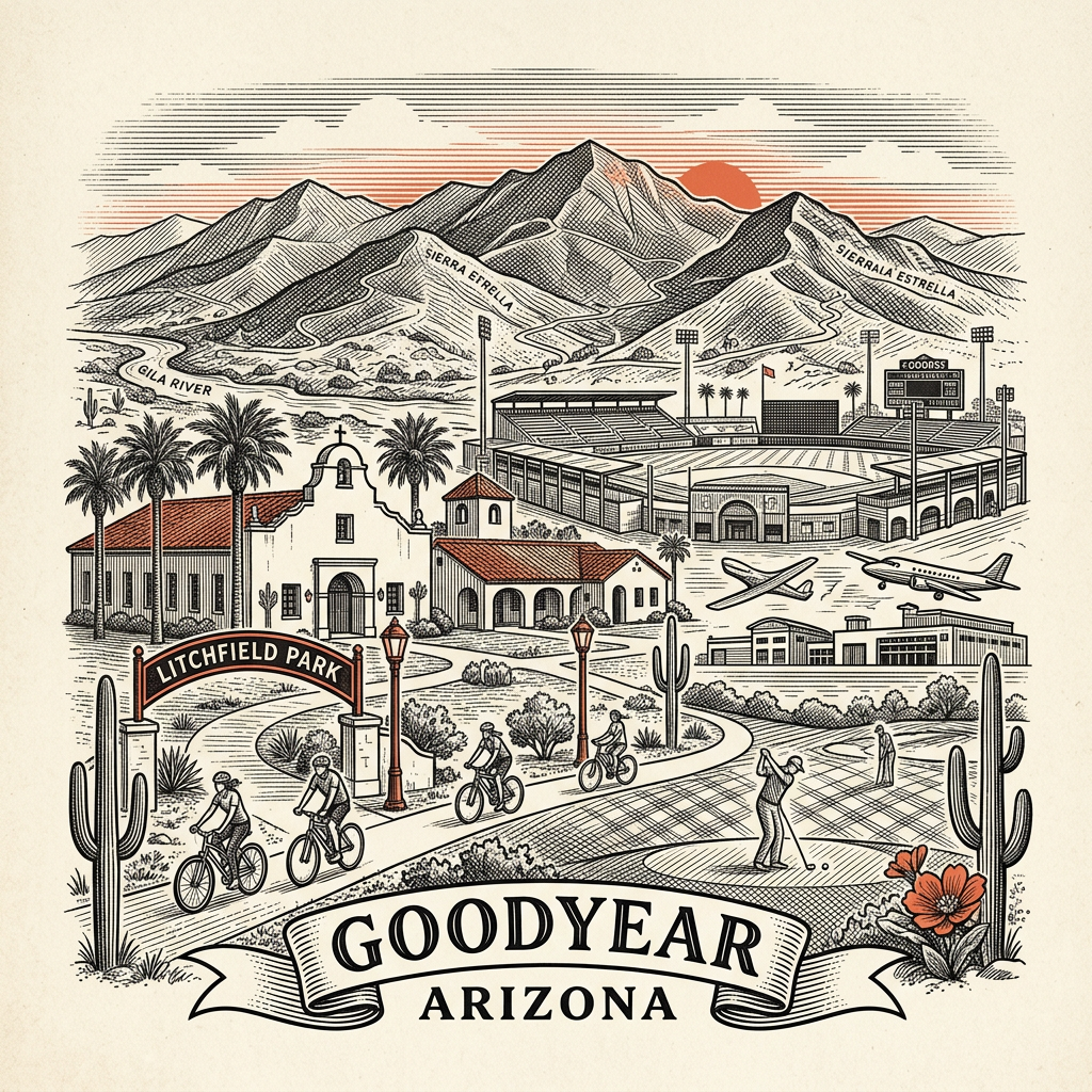 Engraved Goodyear AZ city illustration – Official Translations certified translation services from $29.95 per page