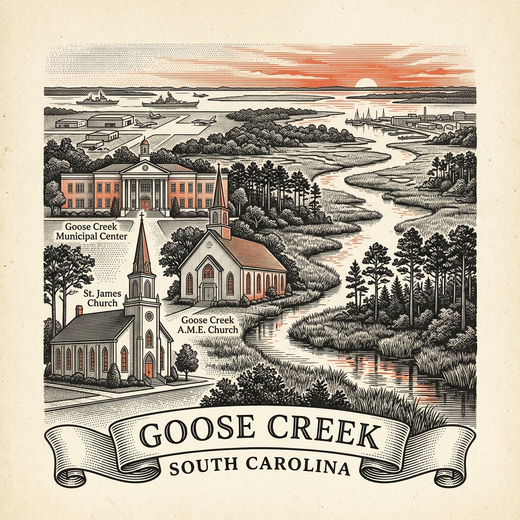 Engraved Goose Creek SC city illustration – Official Translations certified translation services from $29.95 per page