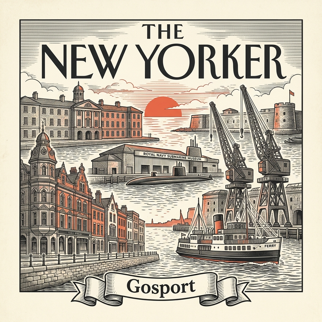 Engraved Gosport England city illustration – Submarine Museum (HMS Alliance), Haslar Hospital, Stokes Bay, Explosion Museum, Gosport Ferry – Official Translations certified translation services from £29.95 per page