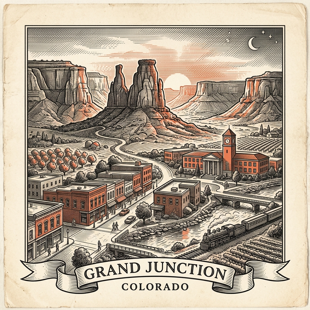 Engraved Grand Junction CO city illustration – Official Translations certified translation services from $29.95 per page