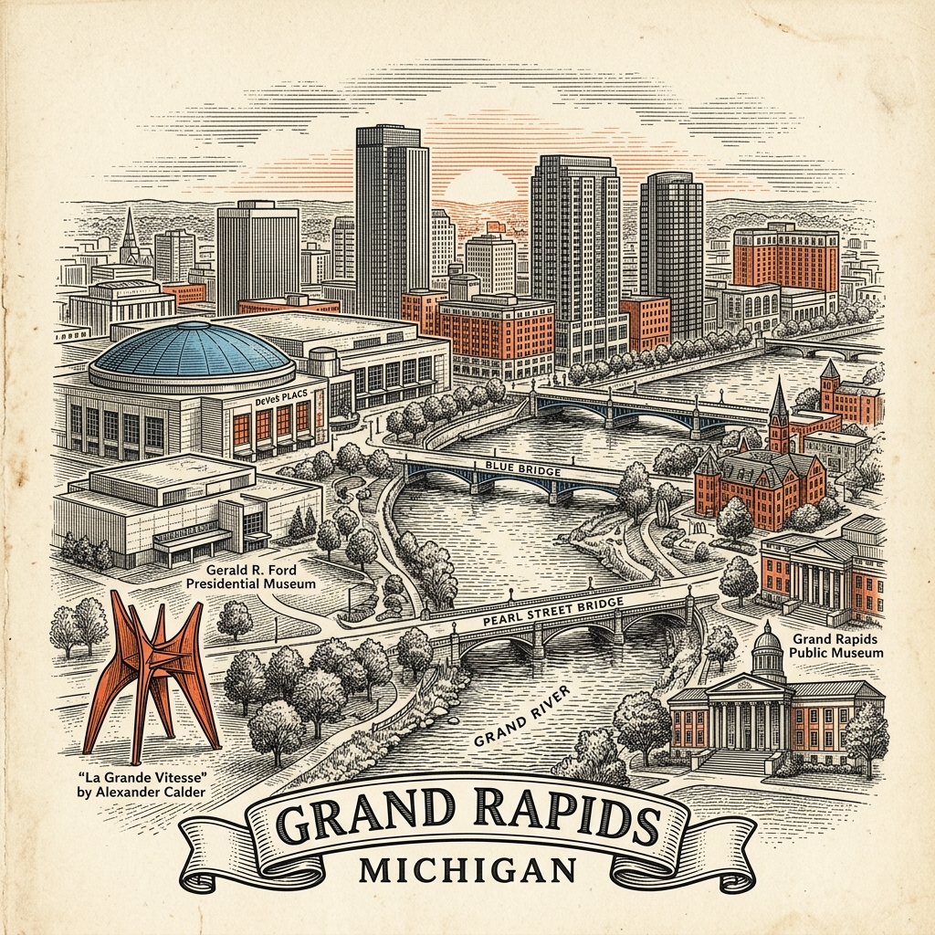 Engraved Grand Rapids MI city illustration – Official Translations certified translation services from $29.95 per page