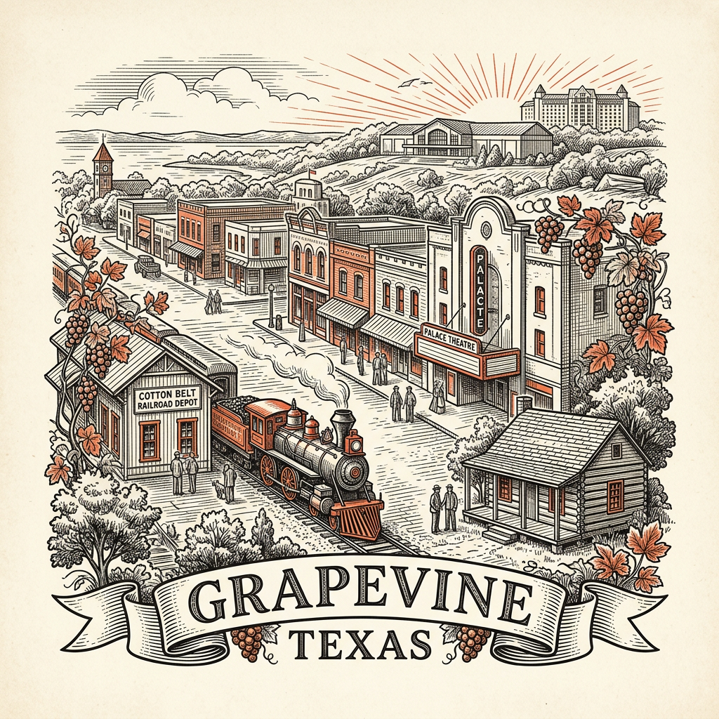 Engraved Grapevine TX city illustration – Official Translations certified translation services from $29.95 per page