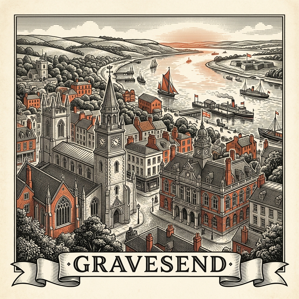 Engraved Gravesend England city illustration – Statue of Pocahontas at St George's Church, Gordon Promenade gardens, Town Pier (the world's oldest cast-iron pier), Sikh Gurdwara Guru Nanak Darbar, Windmill Hill viewpoint – Official Translations certified translation services from £29.95 per page