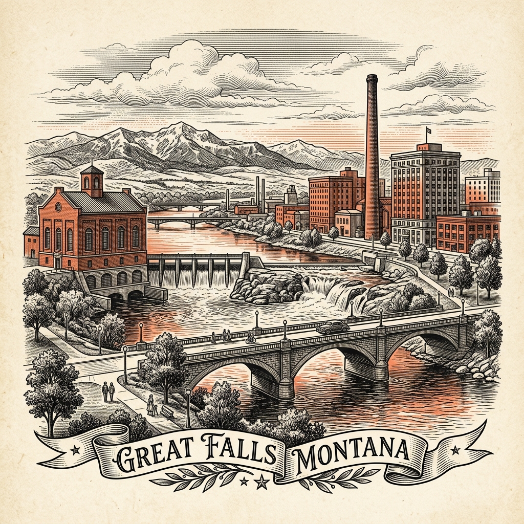 Engraved Great Falls MT city illustration – Official Translations certified translation services from $29.95 per page
