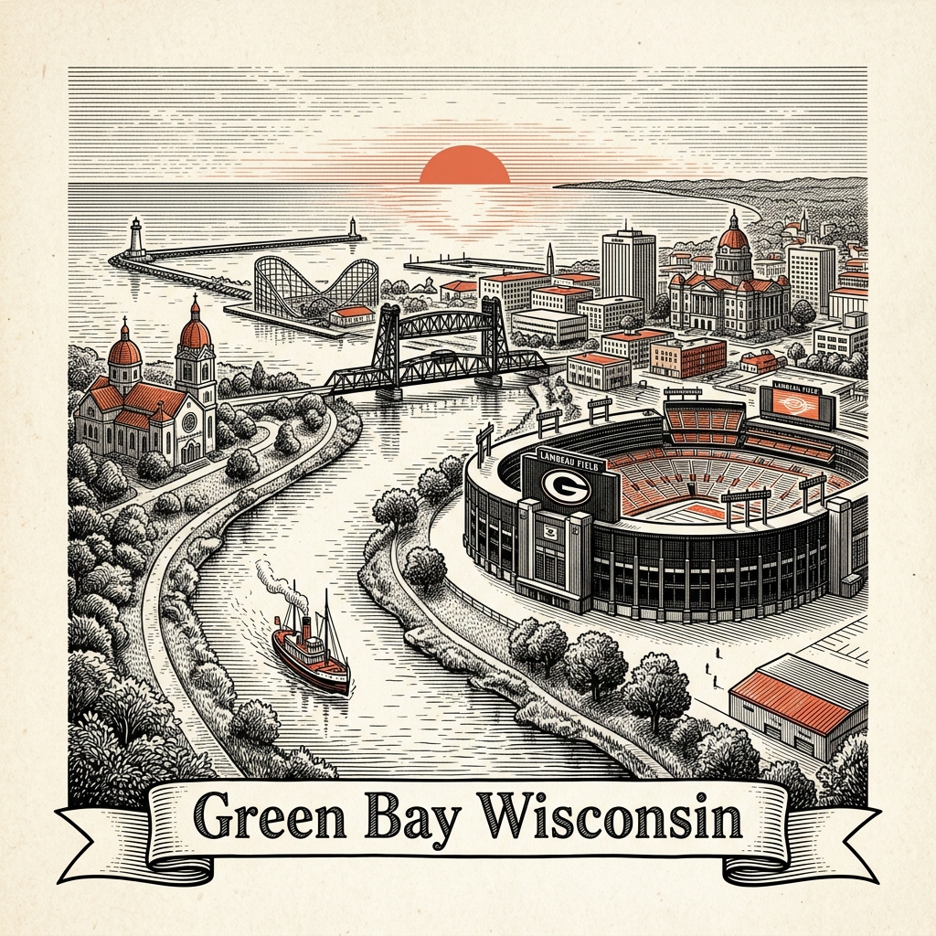 Engraved Green Bay WI city illustration – Official Translations certified translation services from $29.95 per page