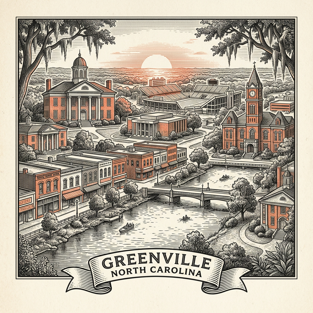 Engraved Greenville NC city illustration – Official Translations certified translation services from $29.95 per page
