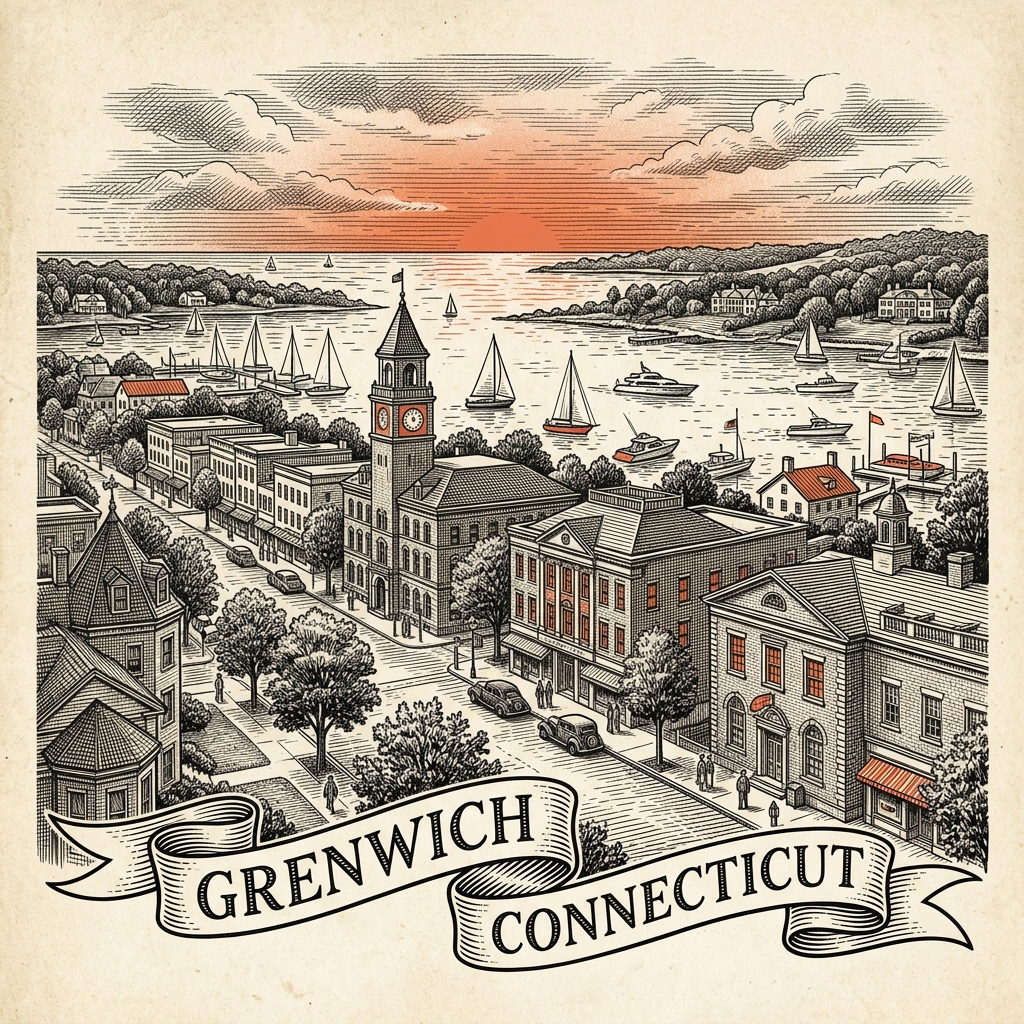 Engraved Greenwich England city illustration – Cutty Sark, Royal Observatory Greenwich, Old Royal Naval College domes, O2 Arena tent, Greenwich Market arcade – Official Translations certified translation services from £29.95 per page